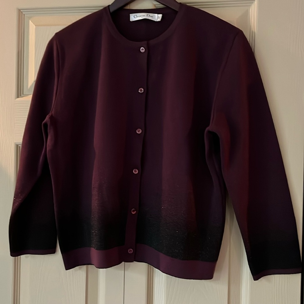 Christian Dior Cardigan Sweater Size 12 Burgundy Black Sparkle